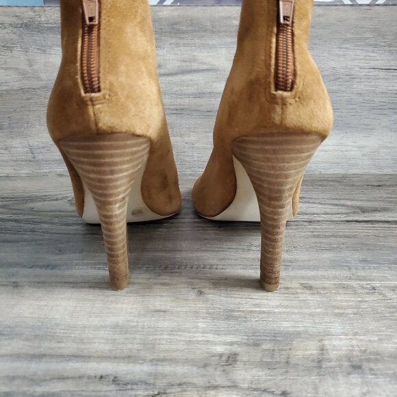 ❤️356 Julianne Hough for Sole Society Angela Peep Toe Leather Tan Bootie Heels - Picture 7 of 11